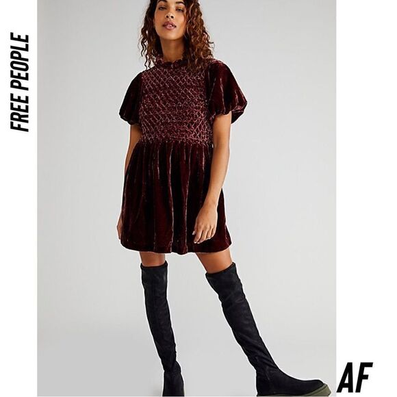 FREE PEOPLE GUM DROP VELVET MINI DRESS IN CHOCOLATE NWT - Picture 1 of 10